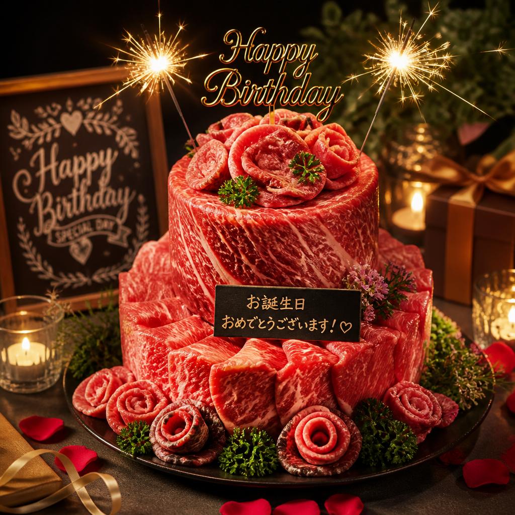 誕生日を祝う特製肉ケーキ